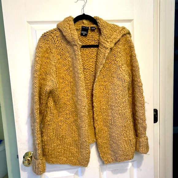 100% Wool Tan Hand Knit Hoodie Cardigan Large - Picture 1 of 6